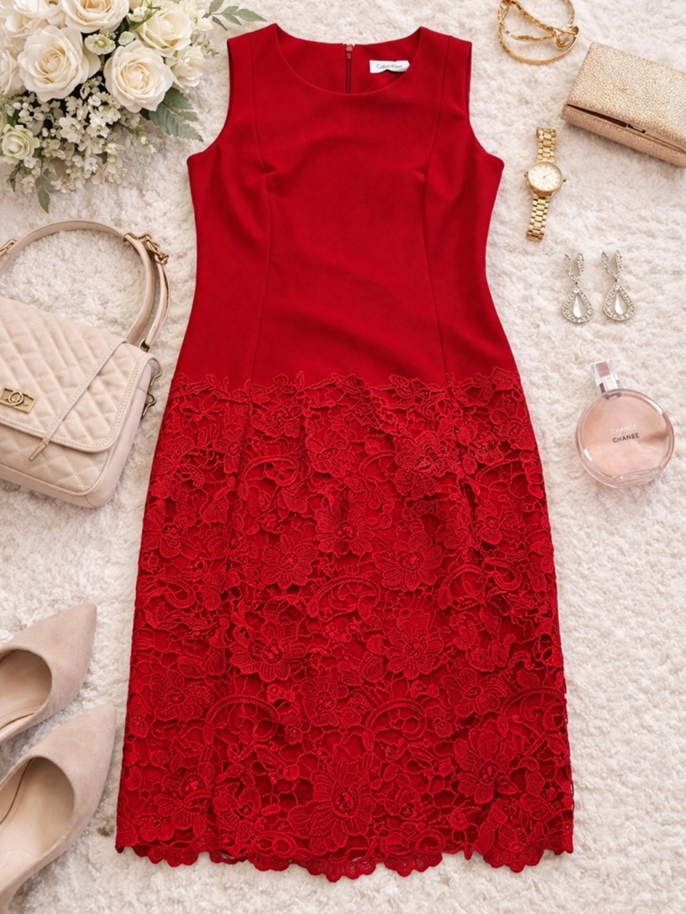 Calvin Klein Red Lace Sheath Dress | Elegant Occasion Dress | Sz 8 Fall Wedding